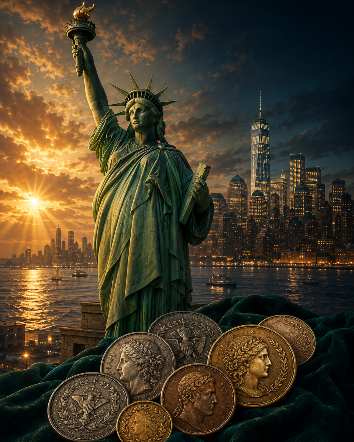 The Statue of Liberty overlooking New York Harbor with collectible coins