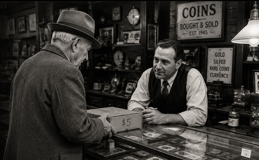 Vintage black-and-white illustration of an older man bringing a five-dollar box to a coin dealer