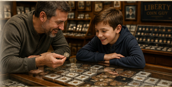 A father and son looking at coins together in a coin shop