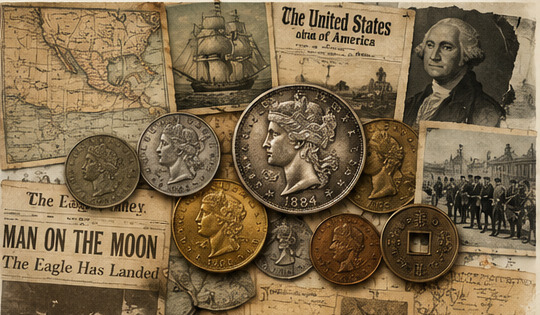 Historic coins, maps, newspapers, and American history imagery